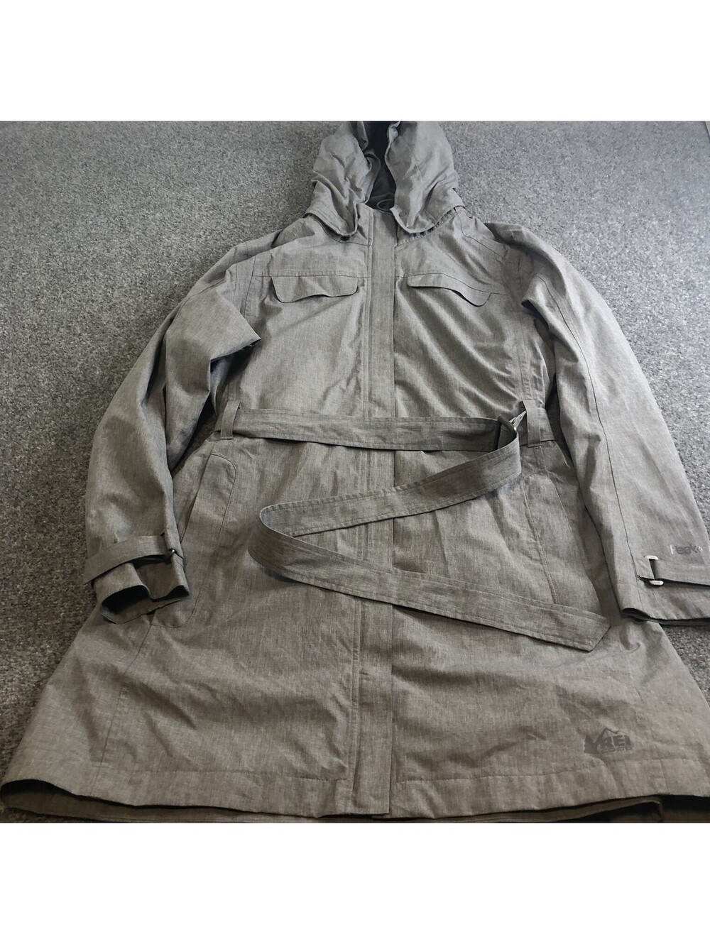 REI Co-op La Selva Belted Hooded Rain Trench Coat Gray Womens XL Peak 2L